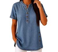 XUSAI Henley Chemises pour Femmes Coupe Ample à Manches Courtes Chemise en Jean dreesy décontracté Bouton Ourlet Blouses été Haut de Denim,Dark Blue,L
