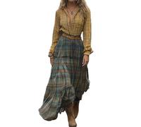 XUSAI Jaune,L,Robe Maxi Patchwork À Carreaux pour Femmes Robe Chemise Élégante Vintage À Manches Longues Col en V Robe Longue Fluide Décontractée d'automne