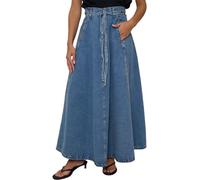 XUSAI Jupe Longue en Jean pour Femmes, élégante, Taille Haute, décontractée, Coupe Ample, Longue, Ligne A, Jupe en Jean avec Ceinture,Dark Blue,XL