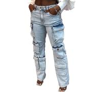 XUSAI Light Blue,L,Jean Cargo Baggy pour Femme Y2K Taille Haute Effet Vieilli Coupe Extensible Pantalon en Denim à Jambe Droite