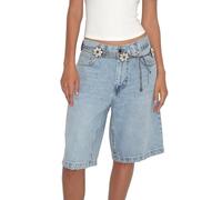 XUSAI Light Blue,M,Short en Jean Baggy Vieilli pour Femme, Taille Basse, Bermuda Extensible, Long, Décontracté, en Denim, Été