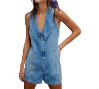 XUSAI Light Blue,XL,Combinaison Ample en Jean Vintage pour Femme, Short sans Manches, Combinaison d'été décontractée et Ample