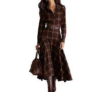 XUSAI Marron,L,Robe Chemise à Carreaux pour Femmes, Vintage, élégante, Manches Longues, boutonnée, Ourlet à Volants, Longue Robe Occidentale