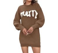 XUSAI Marron,M,Robe Pull de Noël pour Femme, Manches Longues, col Ras du Cou, Pull tricoté, Robe midi Moulante
