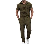XUSAI Mode homme Slim Cargo combinaisons manches courtes fermeture éclair travail décontracté longue combinaison barboteuse avec ceinture,Vert,XXL