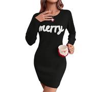 XUSAI Noir,S,Robe Pull de noël pour Femmes, Manches Longues, col Rond, Moulante, Automne Hiver, Robe midi Chaude