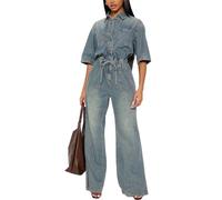 XUSAI Nostalgic Blue,S,Combinaison en Jean À Manches 1/2 pour Femmes, Tendance, Élégante, Cordon De Serrage, Taille Élastique, Fente, Ourlet Évasé, Jambes Larges, Barboteuse Longue en Jean