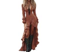 XUSAI Orange,XXL,Robe Longue Sexy à Manches Longues en V Profond pour Femmes Robe Longue Cowgirl Western Robe décontractée d'automne à Ourlet asymétrique Robe Haute et Basse