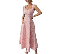XUSAI Robe débardeur à Fleurs Jacquard pour Femmes, sans Manches, col carré, Taille Haute, Slim, élégante, Longue, Robes d'été,Rose,S