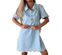 XUSAI Robe en Jean à Manches Courtes et col Polo pour Femme, Coupe Ample, Pull Creux, Ourlet brodé, Robe Courte en Jean,Light Blue,XL