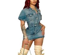 XUSAI Robe en Jean Moulante Extensible pour Femme, Manches Courtes, boutonnée, Mini Robe en Jean,Bleu,XXL