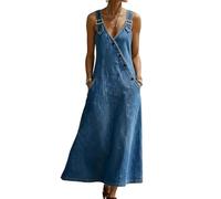 XUSAI Robe en Jean pour Femmes, Vintage, col en v, Boutons inclinés, Coupe Ample, Longue, avec Poches,Dark Blue,L