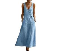 XUSAI Robe en Jean pour Femmes, Vintage, col en v, Boutons inclinés, Coupe Ample, Longue, avec Poches,Light Blue,M