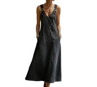 XUSAI Robe en Jean pour Femmes, Vintage, col en v, Boutons inclinés, Coupe Ample, Longue, avec Poches,Noir,XXL