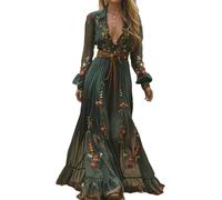 XUSAI Robe Longue À Fleurs Pastorale Vintage pour Femmes Robe Sexy À Col en V À Manches Longues Robe Occidentale Robe Maxi Décontractée d'automne,Vert,XL