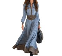 XUSAI Robe Longue en Patchwork imprimé léopard pour Femmes, Manches Longues, Coupe Ample, Chemise décontractée, Fluide, Automne,Bleu,M
