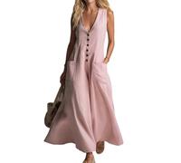 XUSAI Robe Longue sans Manches pour Femmes, décolleté en v Profond, Couleur Unie, Coupe Ample, décontractée, Maxi, avec Poches, été,Rose,XXL