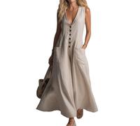 XUSAI Robe Longue sans Manches pour Femmes, décolleté en v Profond, Couleur Unie, Coupe Ample, décontractée, Maxi, avec Poches, été,Apricot,XL