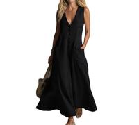 XUSAI Robe Longue sans Manches pour Femmes, décolleté en v Profond, Couleur Unie, Coupe Ample, décontractée, Maxi, avec Poches, été,Noir,S