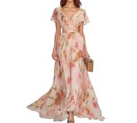 XUSAI Rose,L,Robe de soirée pour Femme, Manches Courtes, col en V, Taille Haute, plissée, Fluide, Fleurie, Longue