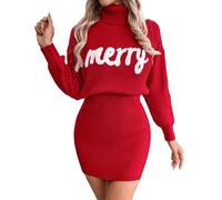 XUSAI Rouge,L,Robe Pull pour Femmes, col roulé, Manches Longues, Slim, Moulante, Tricot de noël