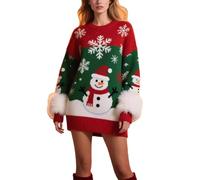XUSAI Rouge,S,Robe Pull de noël pour Femmes, en Peluche, Patchwork, Manches Longues, Pull en Tricot, Robe mi-Longue