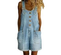 XUSAI Salopette Coupe Ample pour Femme, Baggy Vintage sans Manches, Ourlet roulé, Combinaison Short avec Poches,Light Blue,M