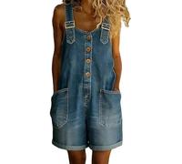 XUSAI Salopette Coupe Ample pour Femme, Baggy Vintage sans Manches, Ourlet roulé, Combinaison Short avec Poches,Dark Blue,L