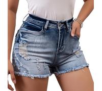 XUSAI Short en Jean Déchiré pour Femme, Taille Moyenne, Extensible, Slim, Étoile Brodée, Jambe Droite, Ourlet Effiloché, Short en Denim D'été,Bleu,XXL