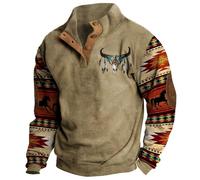 XUSAI Sweat-Shirt Cowboy aztèque Occidental pour Hommes, Manches Longues, col Montant, Bouton 1/4, Sweat-Shirt Vintage Country, Haut à Capuche,Marron,M