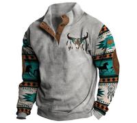 XUSAI Sweat-Shirt Cowboy aztèque Occidental pour Hommes, Manches Longues, col Montant, Bouton 1/4, Sweat-Shirt Vintage Country, Haut à Capuche,Gris,3XL