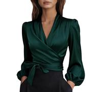 XUSAI Vert,M,Blouses habillées décontractées pour Femmes d'affaires Formelles élégantes col en V Robe Portefeuille à Manches Longues Petit Haut avec Ceinture