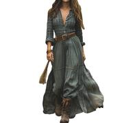 XUSAI Vert,M,Robe Chemise À Carreaux Maxi pour Femme Années 70 Vintage À Manches Longues Col en V Robe Longue Country Western Robe d'automne Décontractée À Épissure
