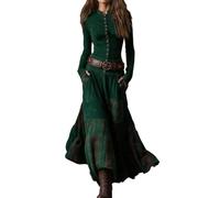 XUSAI Vert,M,Robe Maxi Western Vintage pour Femmes, Automne décontracté, Manches Longues, col Montant, Slim, Longue, Carreaux, Patchwork, Robe en Daim