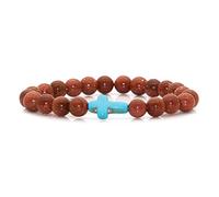 Xusamss Bracelet élastique avec croix religieuse 8 mm œil de tigre et perles turquoises, 7.5 inch, Corail Turquoise