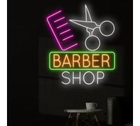 Xusdamyj Panneau néon ouvert Barbershop, panneau LED USB gravé 3D, panneau néon ciseaux, panneau ouvert, décoration de salon de coiffure, 40 x 35 x 1 cm