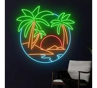 Xusdamyj Panneau néon Palmier Soleil, Lumière LED Mer Plage Océan, Panneau néon Île Tropicale, Décoration murale Piscine Fête Chambre