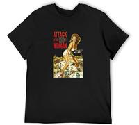 XUTSE Attack of The 50Ft B Movie Vintage Retro Horror T Shirt Short Sleeve Funny Top Black L
