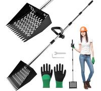 XuYelora Pelle à déjections canines et râteau 2 en 1 avec gants, pelle à litière en métal avec trous, longueur réglable pour poulailler et nettoyer les déchets d'animaux (taille : pelle + gants)