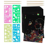 Xuzxinze Papier à gratter arc-en-ciel, 50 feuilles, Gratter, Noir | 50 feuilles de papier brouillon avec 4 pochoirs et 5 stylets en bois pour des heures créatives sur papier noir.