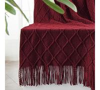 XVBCDFG Couverture tricotée pour canapé et lit - Couverture tissée chaude et légère avec pompons, style rustique pour homme et femme, bordeaux (127 cm, bordeaux)