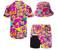 XVBCDFG Ensemble 2 pièces hawaïennes pour homme avec chemise et short années 80 et 90 - Costume à manches courtes avec boutons et chapeau cloche, Rétro années 80 90 Memphis, L
