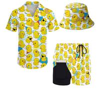 XVBCDFG Ensemble 2 pièces hawaïennes pour homme avec chemise et short années 80 et 90 - Costume à manches courtes avec boutons et chapeau cloche, Canard en caoutchouc jaune rétro, L