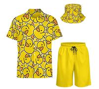 XVBCDFG Ensemble de 2 chemises et shorts hawaïens pour homme avec chapeau cloche, Canard mignon dessin animé jaune, 3XL