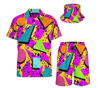 XVBCDFG Ensemble de 2 chemises et shorts hawaïens pour homme avec chapeau cloche, Design rétro vintage des années 80, XXL