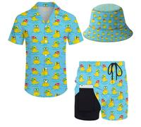 XVBCDFG Ensemble hawaïen pour homme, chemise de plage et short avec chapeau cloche, canard, XL