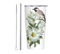 XVBCDFG Gobelet à fleurs aquarelle Brid 20 oz avec couvercles et pailles Tasse à café sous vide en acier inoxydable pour voiture, bureau, voyage en plein air.
