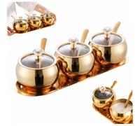 XVHOAB 4 PCS / 1 Ensemble Contenants d'assaisonnement Bol de sucre en acier inoxydable avec couvercle et cuillère pots de condiments en or avec plateau cuisine Boîtes à épices Récipient sucre pou