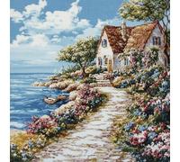 XvvwEndlessx Broderie Point De Croix Imprimé Kit Broderie Debutant Chalet En Bord De Mer 11CT DIY ŒUvres D'Art Faites à La Main Pour Adultes DéButants 40×50Cm