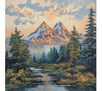 XvvwEndlessx Broderie Point De Croix Imprimé Kit Broderie Debutant ForêT D'Eau Vive Au Coucher Du Soleil B 11CT DIY ŒUvres D'Art Faites à La Main Pour Adultes DéButants 40×50Cm